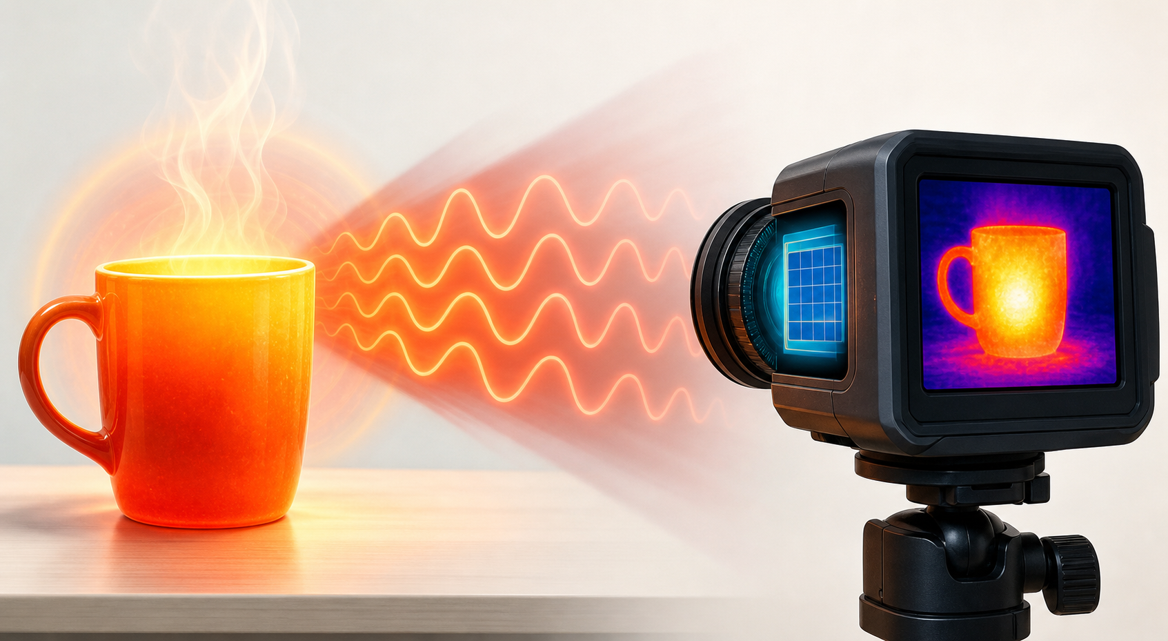 Illustration of infrared waves traveling from a warm object toward a thermal camera sensor